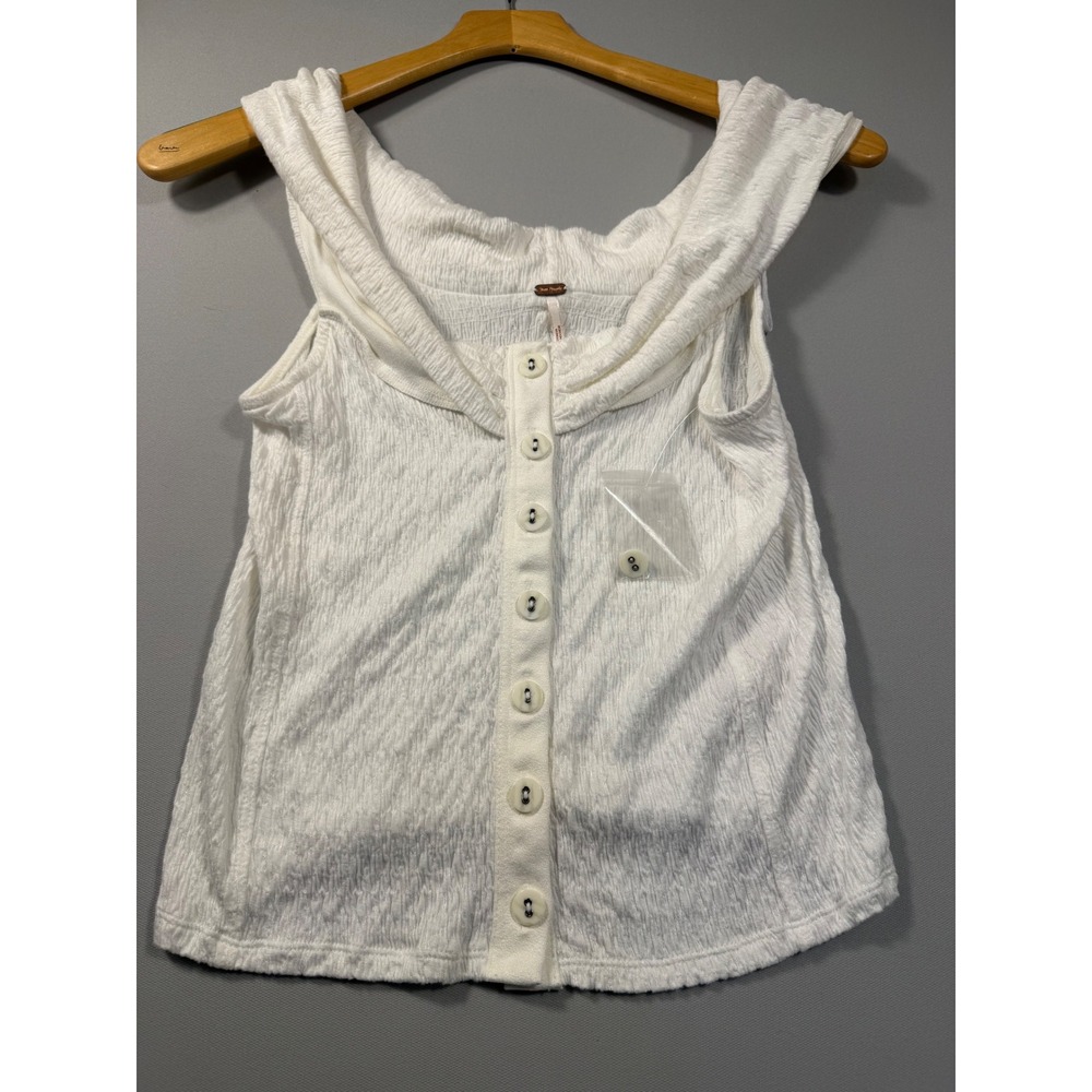 Free People White Textured Crinkle Button Front Portrait Neck Top Medium